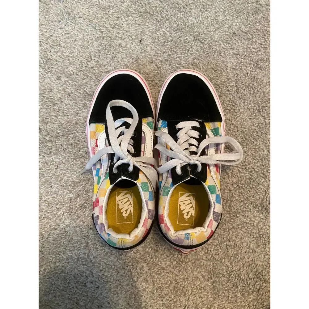 Vans Old Skool‎ Kids Shoes Rainbow Checkerboard Black Suede Sneakers 1.5 US Kids